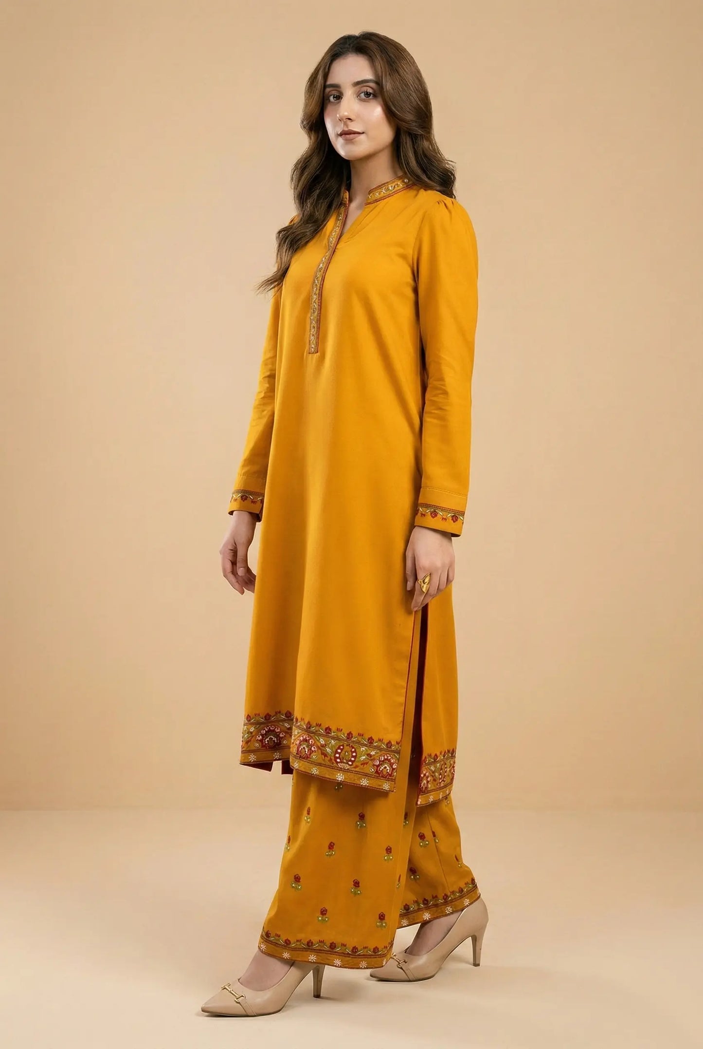 ZARQA - Mustard Yellow Silk Karandi Embroidered 2-Piece Suit | Winter Collection 2025