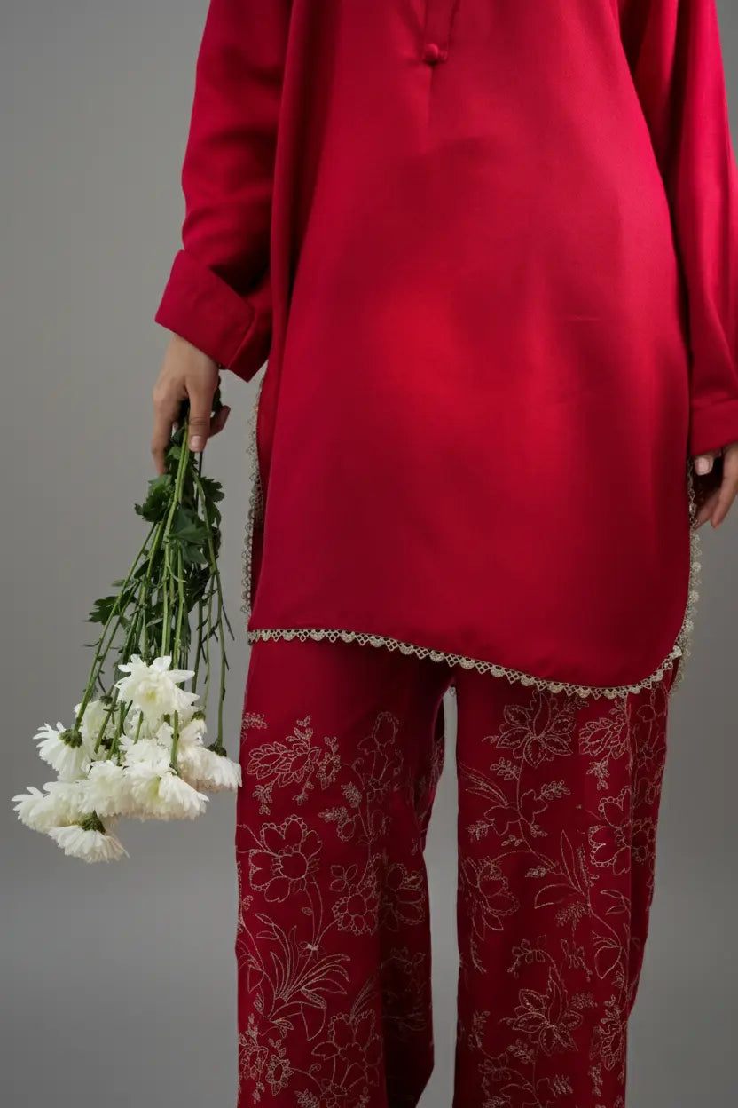 AROOS - Silk Karandi Red Embroidered 2-Piece Suit | Winter Collection 2025