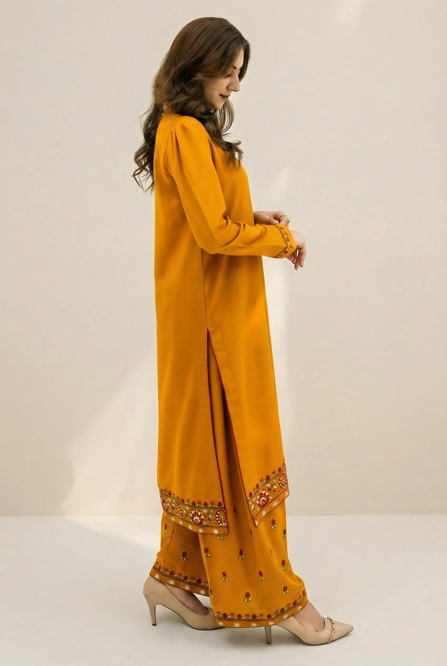 ZARQA - Mustard Yellow Silk Karandi Embroidered 2-Piece Suit | Winter Collection 2025