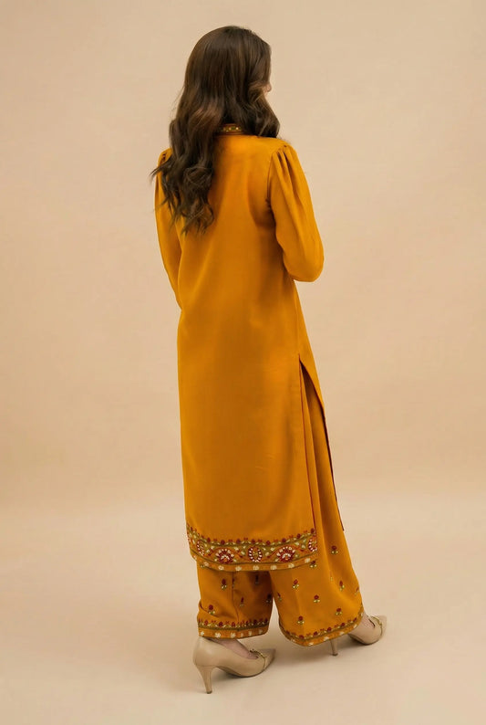 ZARQA - Mustard Yellow Silk Karandi Embroidered 2-Piece Suit | Winter Collection 2025
