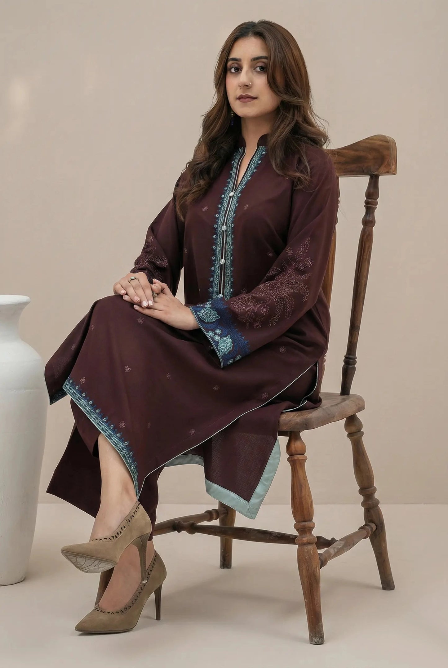 FIZZA - Brown Alpine Peach Embroidered 2-Piece Suit | Winter Collection 2025