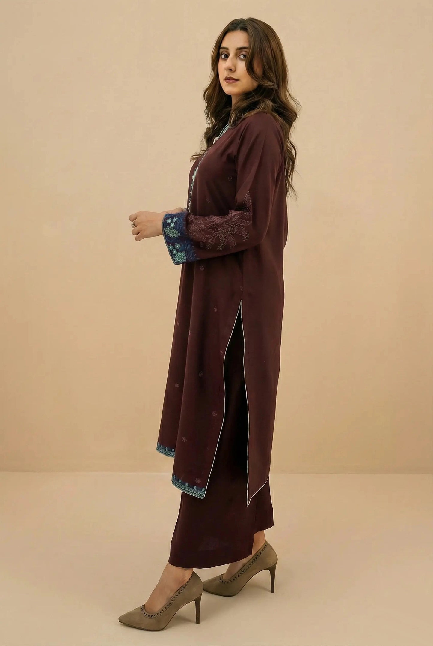 FIZZA - Brown Alpine Peach Embroidered 2-Piece Suit | Winter Collection 2025