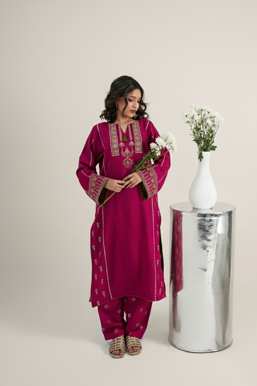 DURRAH - Marina Wool Pink Embroidered 2-Piece Suit | Winter Collection 2025