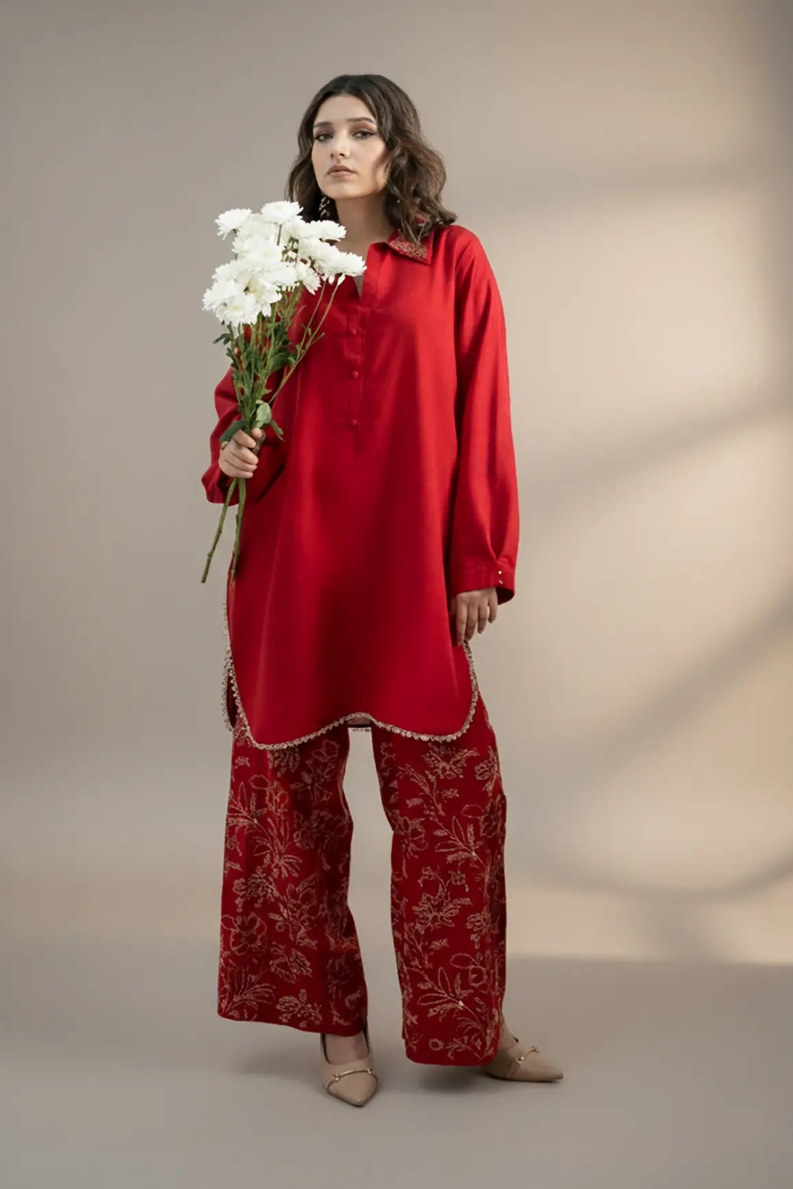 AROOS - Silk Karandi Red Embroidered 2-Piece Suit | Winter Collection 2025