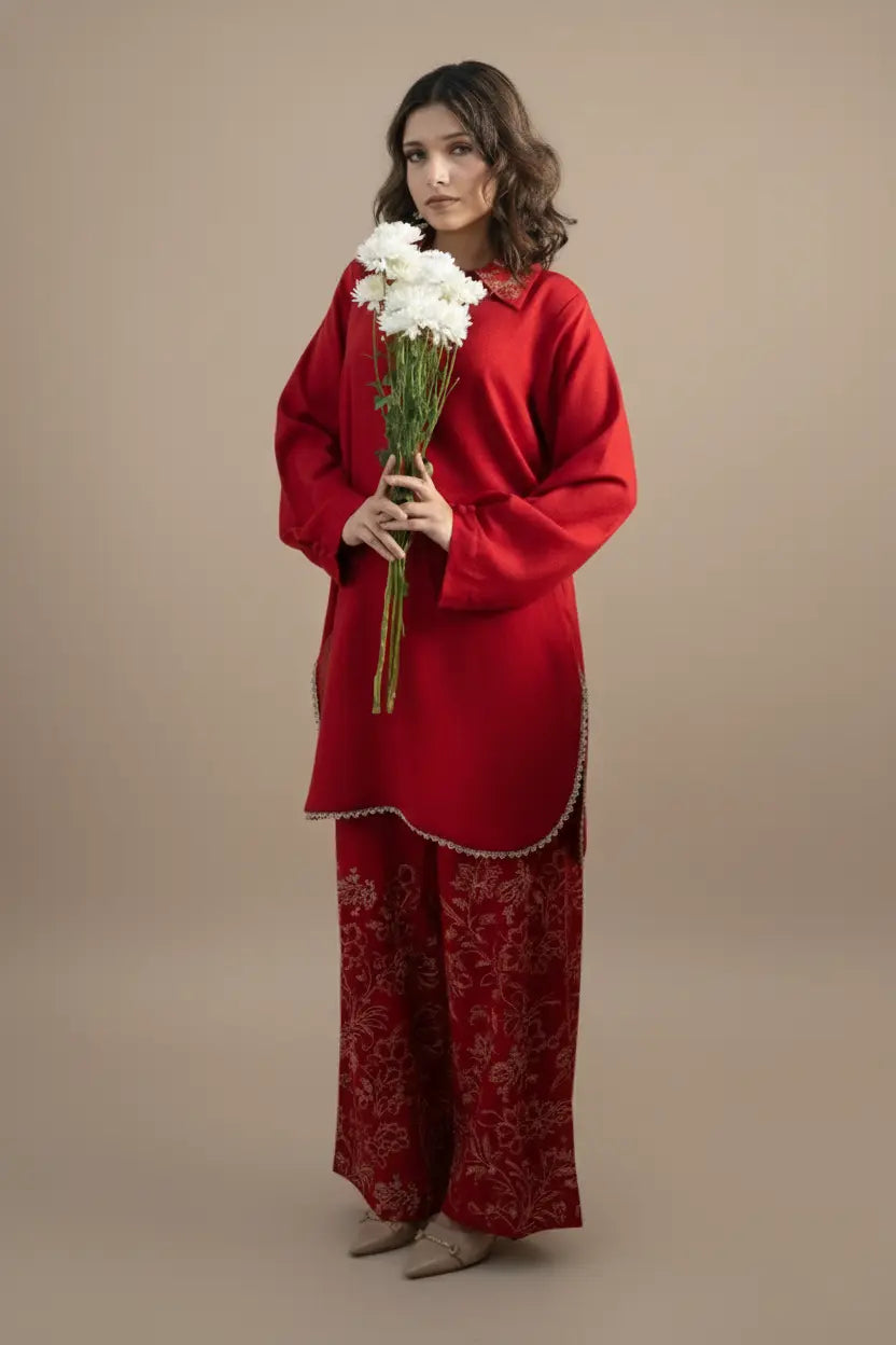 AROOS - Silk Karandi Red Embroidered 2-Piece Suit | Winter Collection 2025