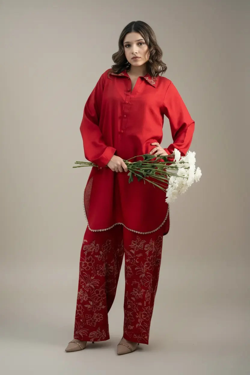 AROOS - Silk Karandi Red Embroidered 2-Piece Suit | Winter Collection 2025