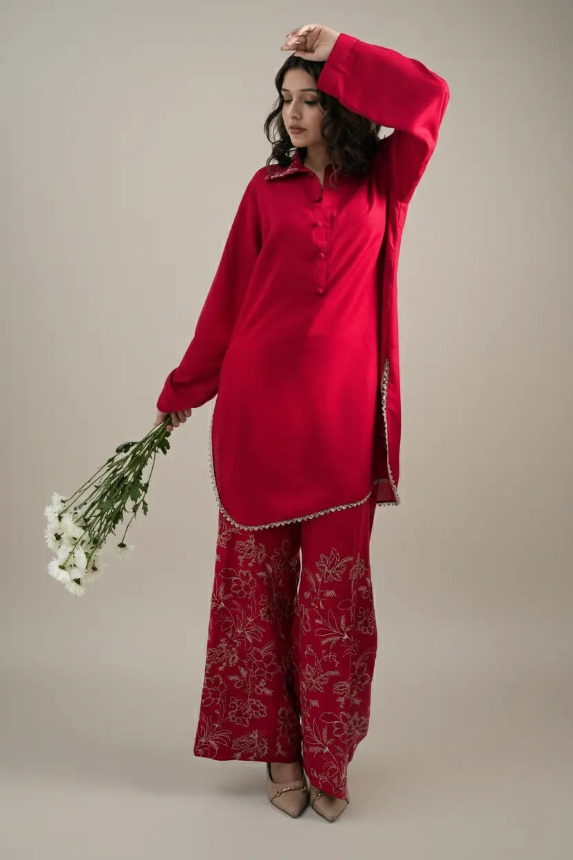 AROOS - Silk Karandi Red Embroidered 2-Piece Suit | Winter Collection 2025